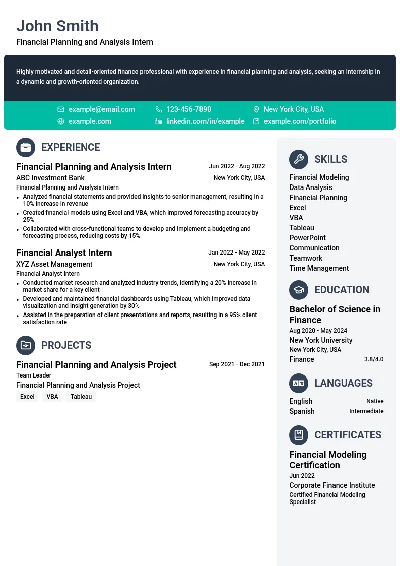 Financial Planning and Analysis Intern resume example