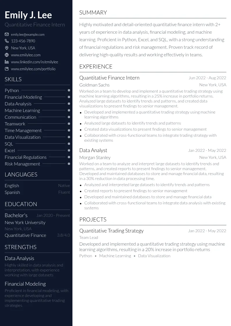 Quantitative Finance Intern resume example