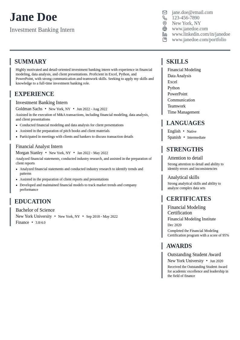 Investment Banking Intern resume example