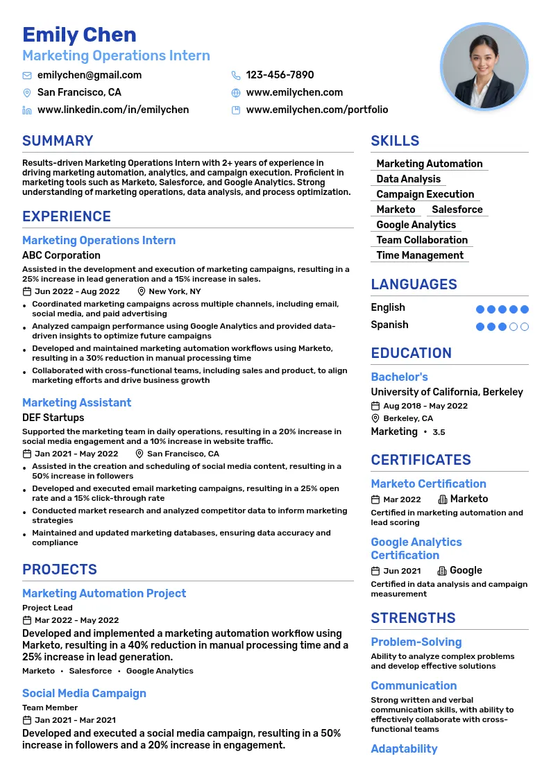 Marketing Operations Intern resume example