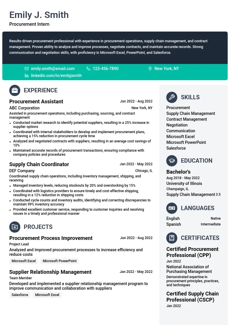 Procurement Intern resume example