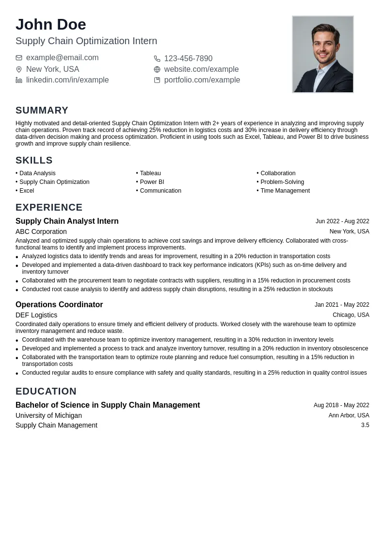 Supply Chain Optimization Intern resume example