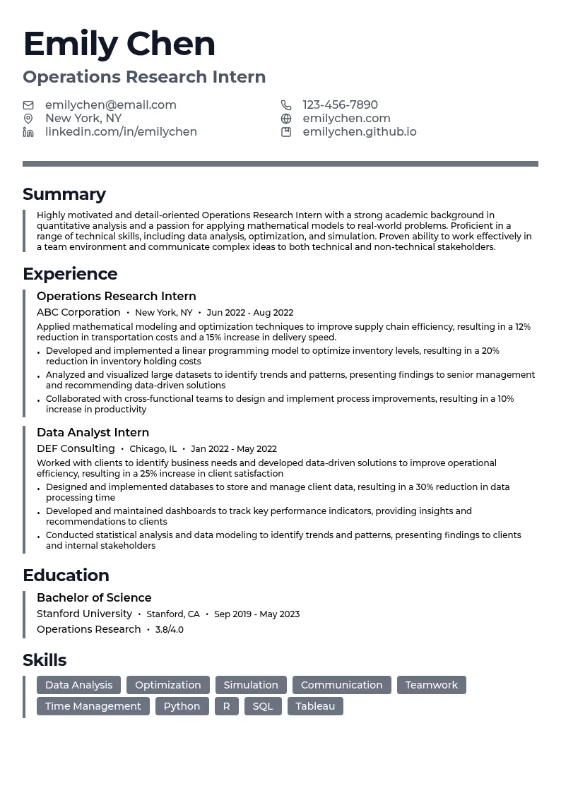 Operations Research Intern resume example