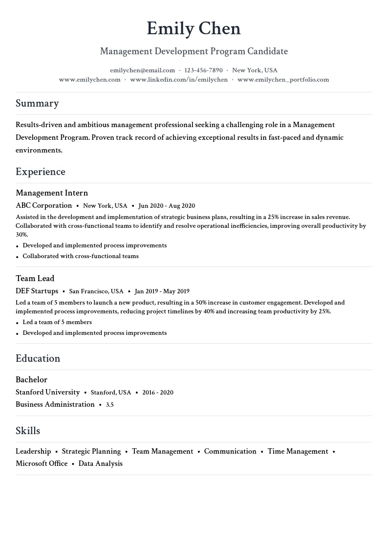Management Development Program resume example