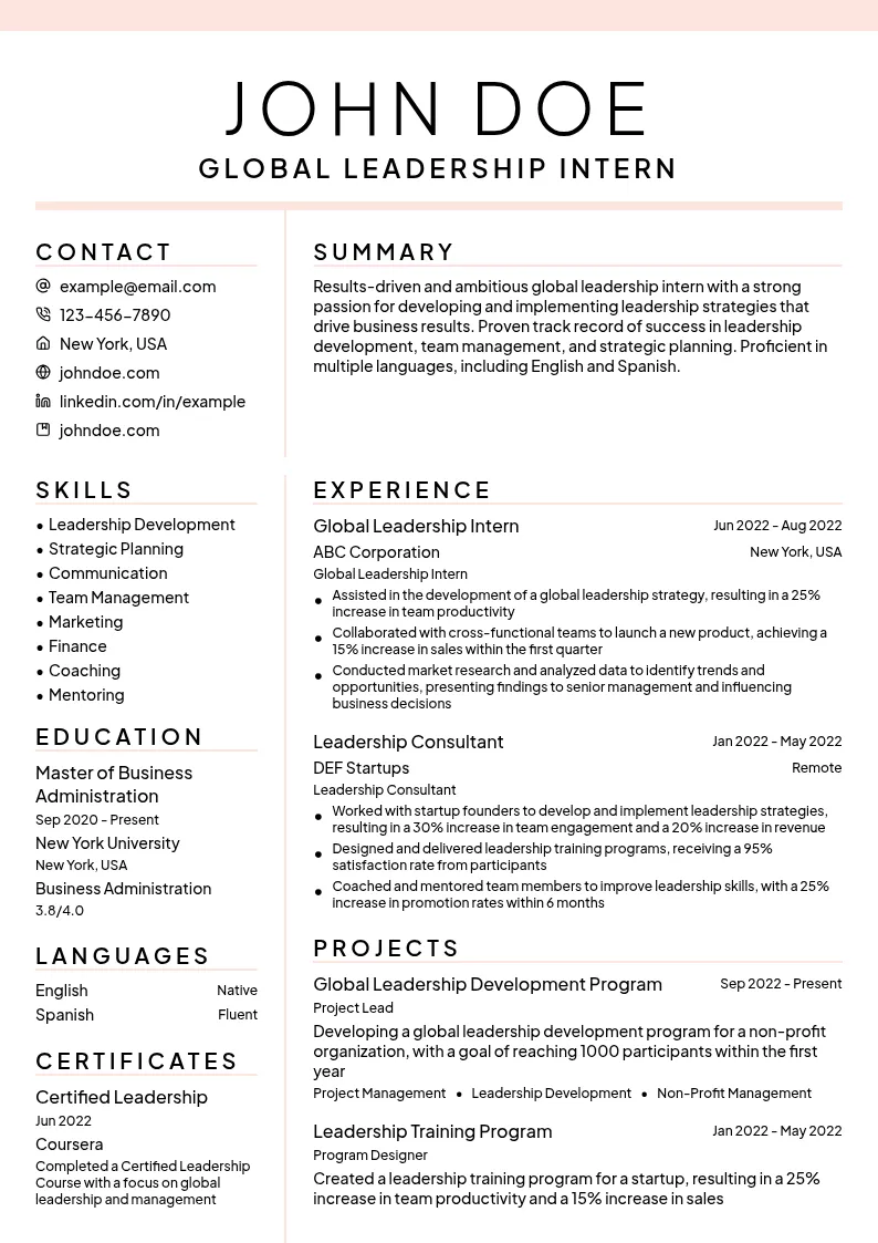 Global Leadership Intern resume example
