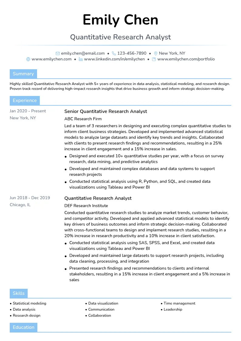 Quantitative Research Analyst resume example