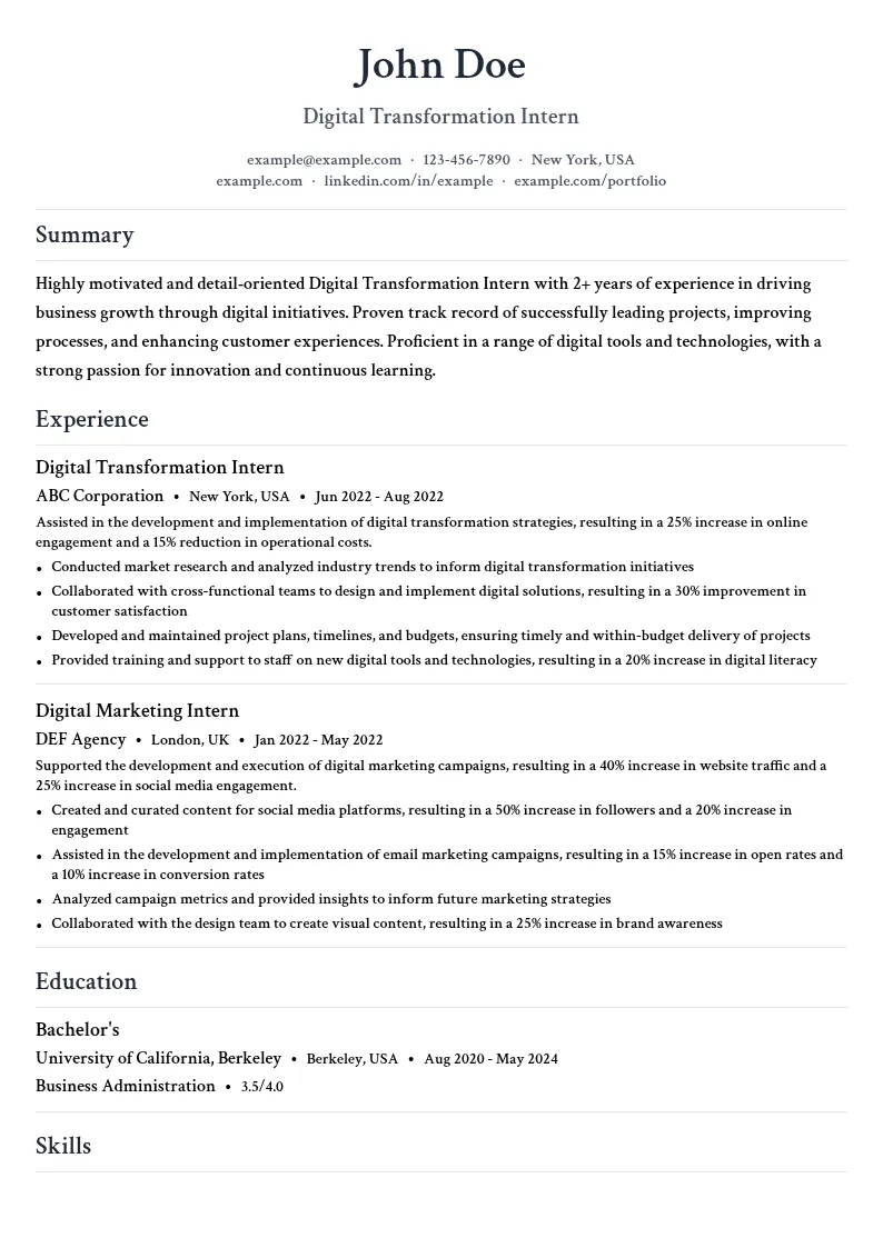 Digital Transformation Intern resume example