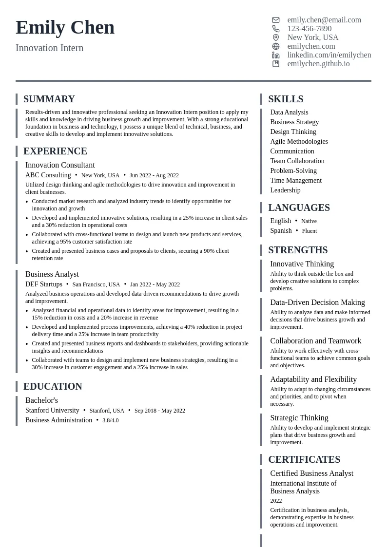 Innovation Intern resume example