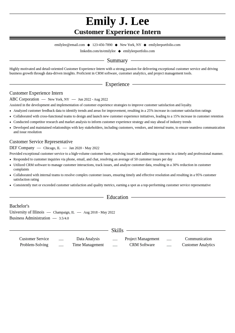 Customer Experience Intern resume example