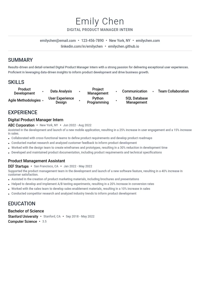 Digital Product Manager Intern resume example