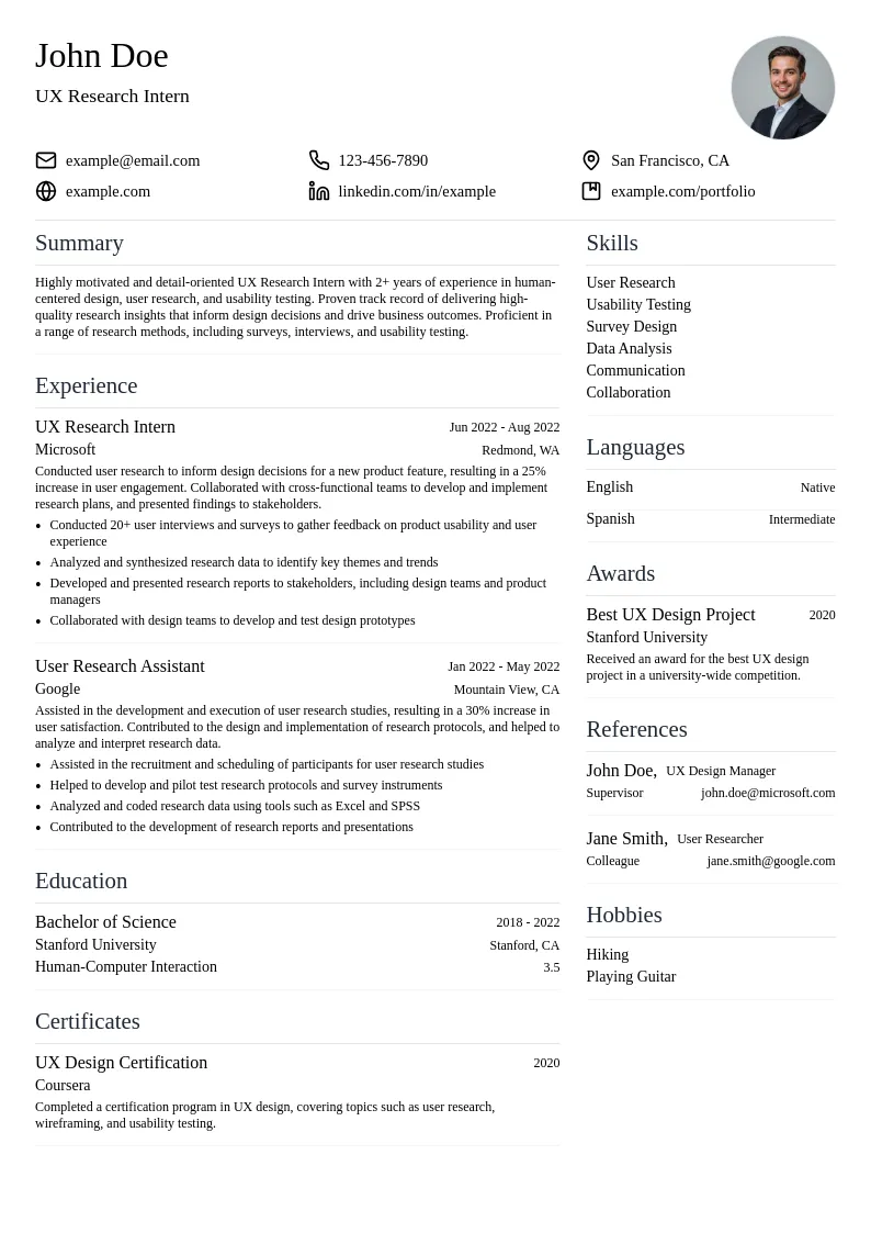UX Research Intern resume example