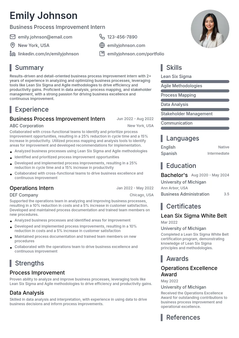 Business Process Improvement Intern resume example