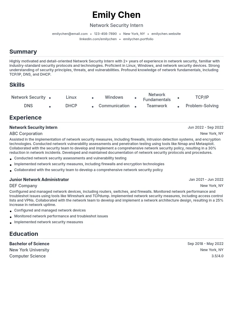 Network Security Intern resume example