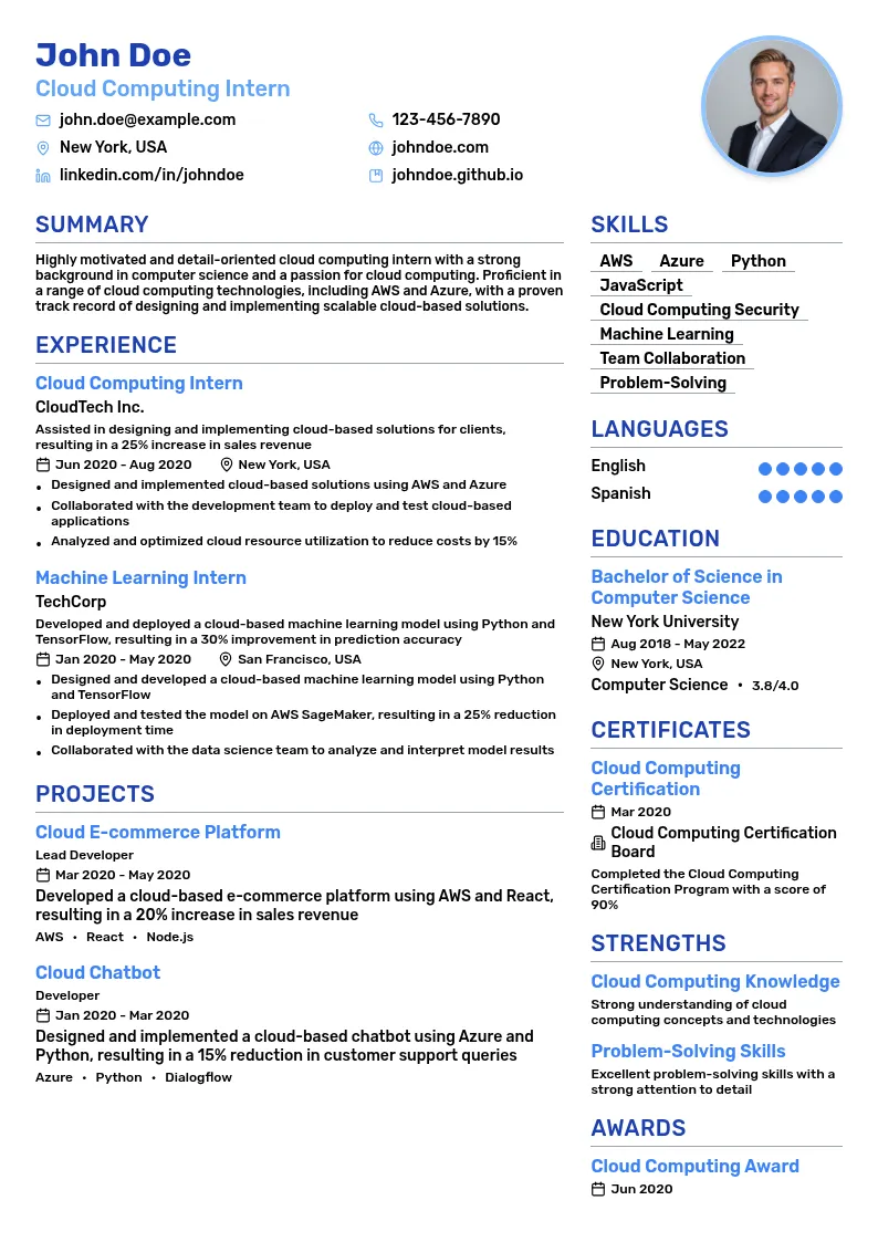 Cloud Computing Intern resume example