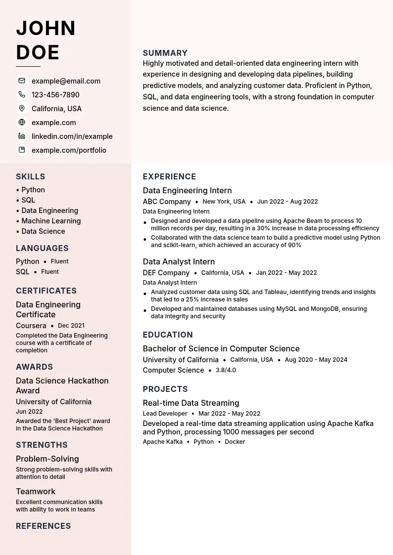 Data Engineering Intern resume example