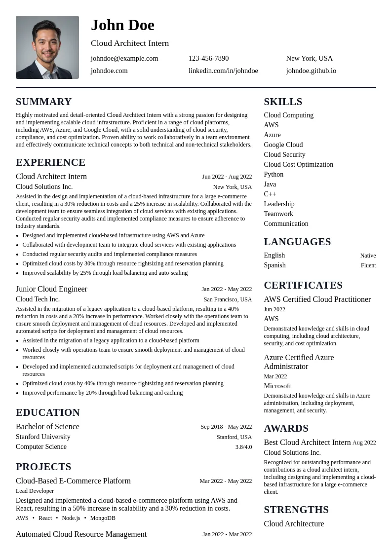 Cloud Architect Intern resume example