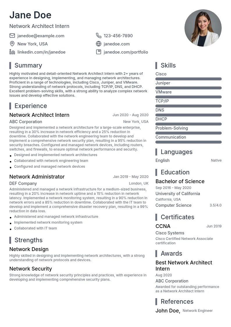 Network Architect Intern resume example