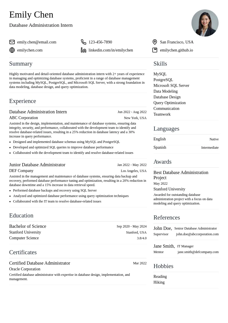 Database Administration Intern resume example