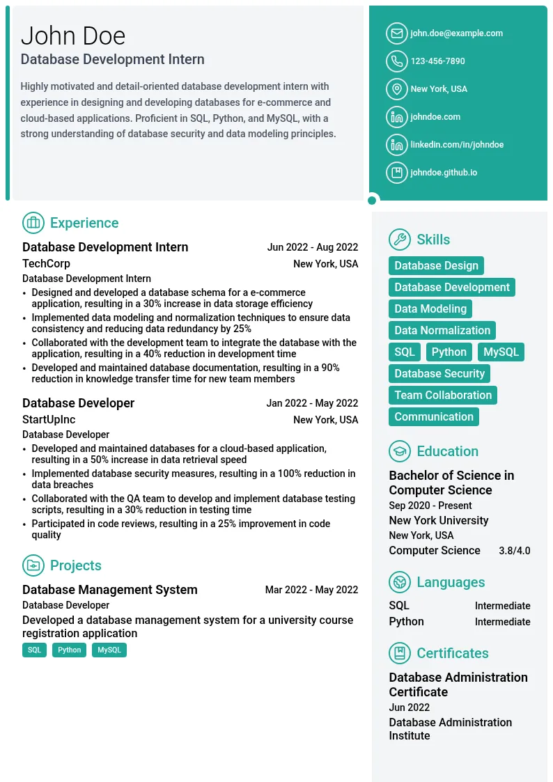 Database Development Intern resume example