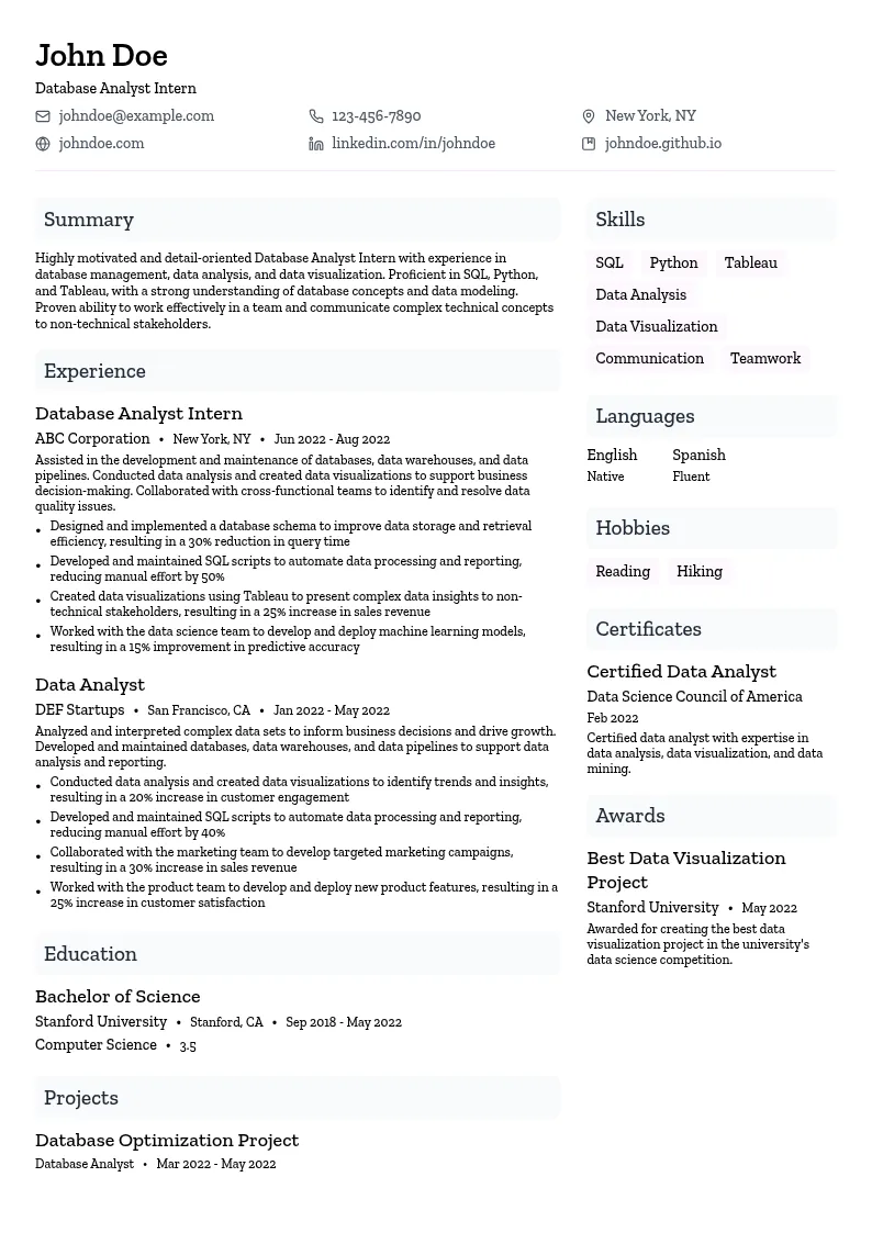 Database Analyst Intern resume example