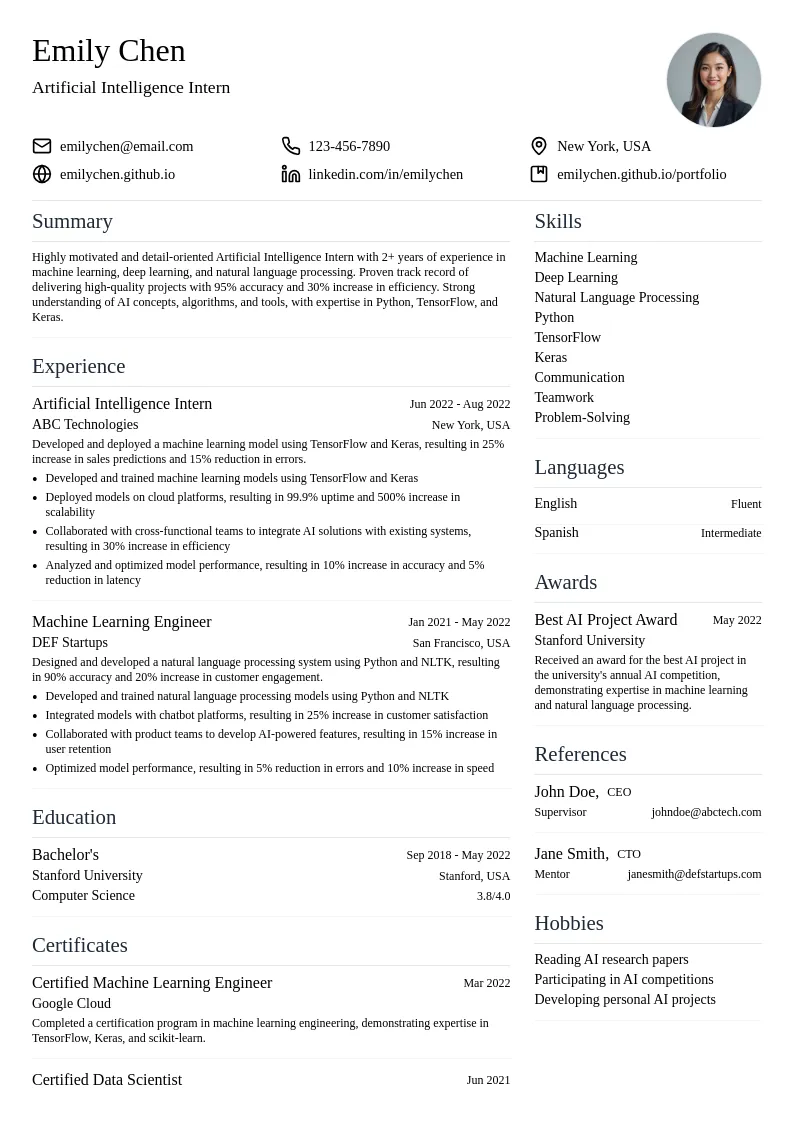 Artificial Intelligence Intern resume example