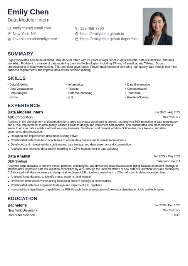Data Modeler Intern resume example