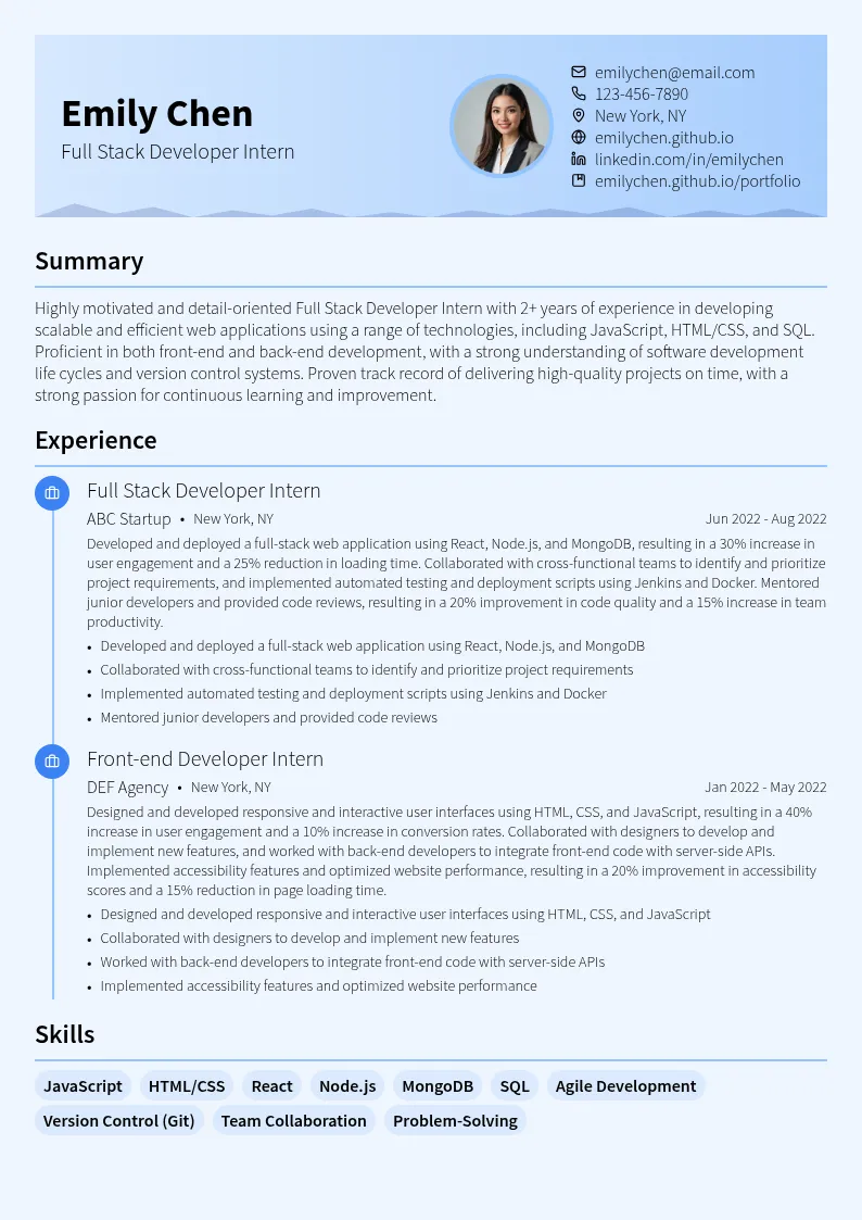 Full Stack Developer Intern resume example