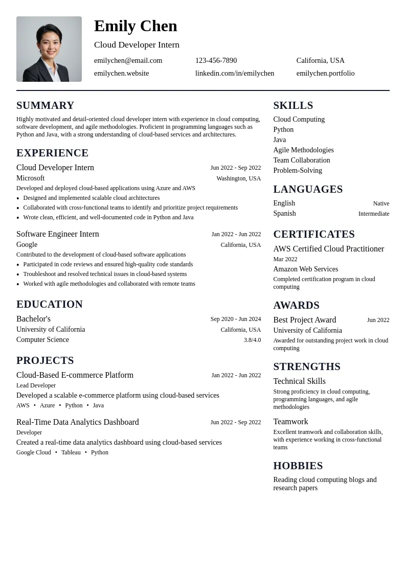 Cloud Developer Intern resume example