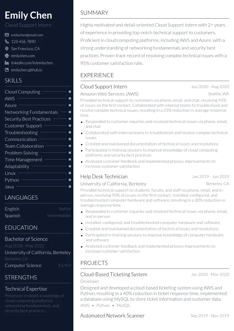 Cloud Support Intern resume example