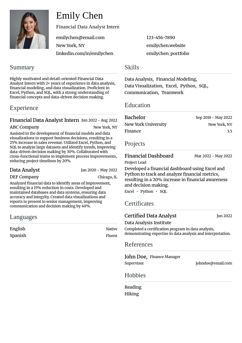 Financial Data Analyst Intern resume example