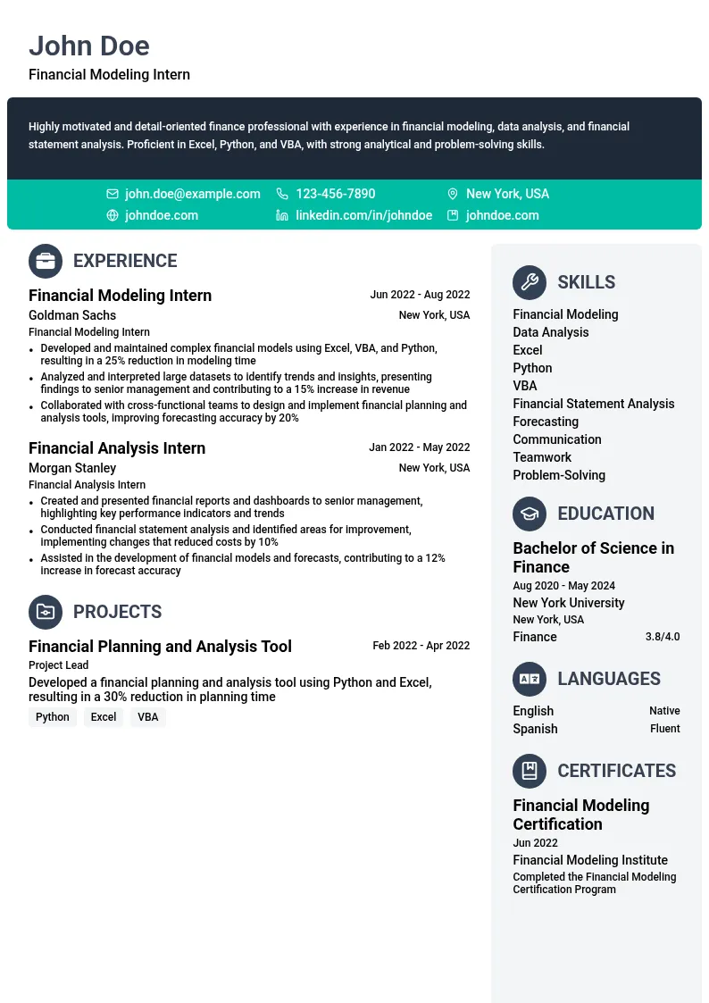 Financial Modeling Intern resume example