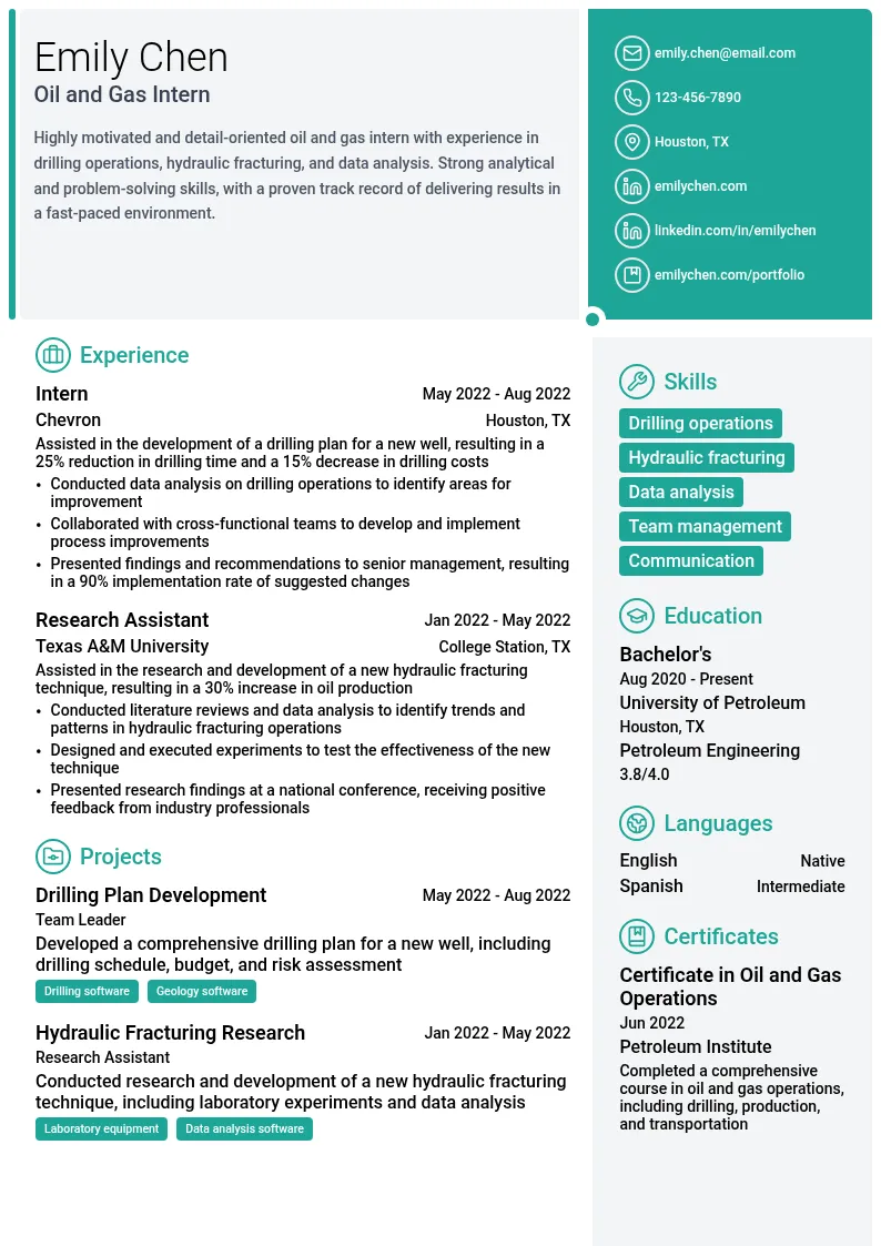 Oil and Gas Intern resume example