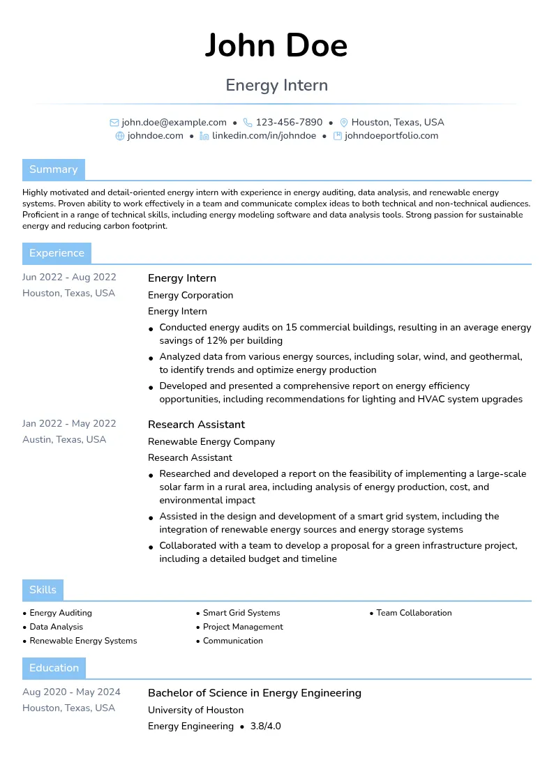 Energy Intern resume example