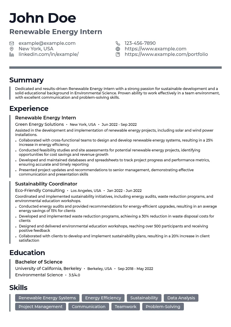 Renewable Energy Intern resume example
