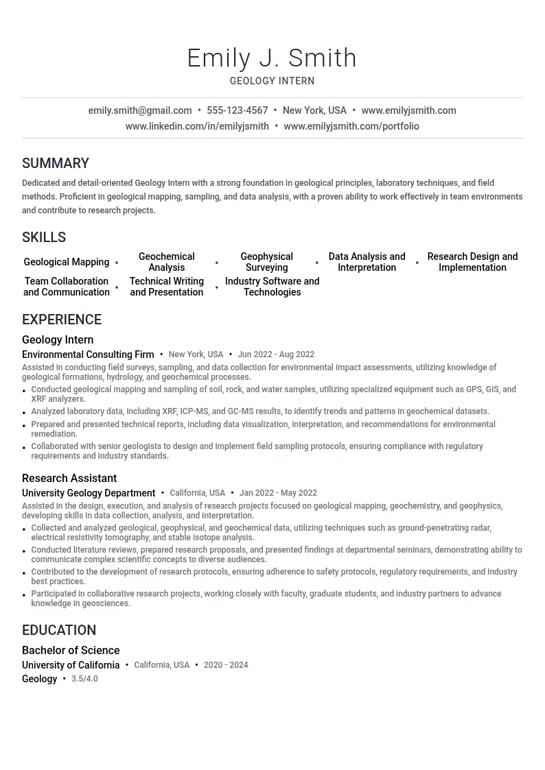 Geology Intern resume example