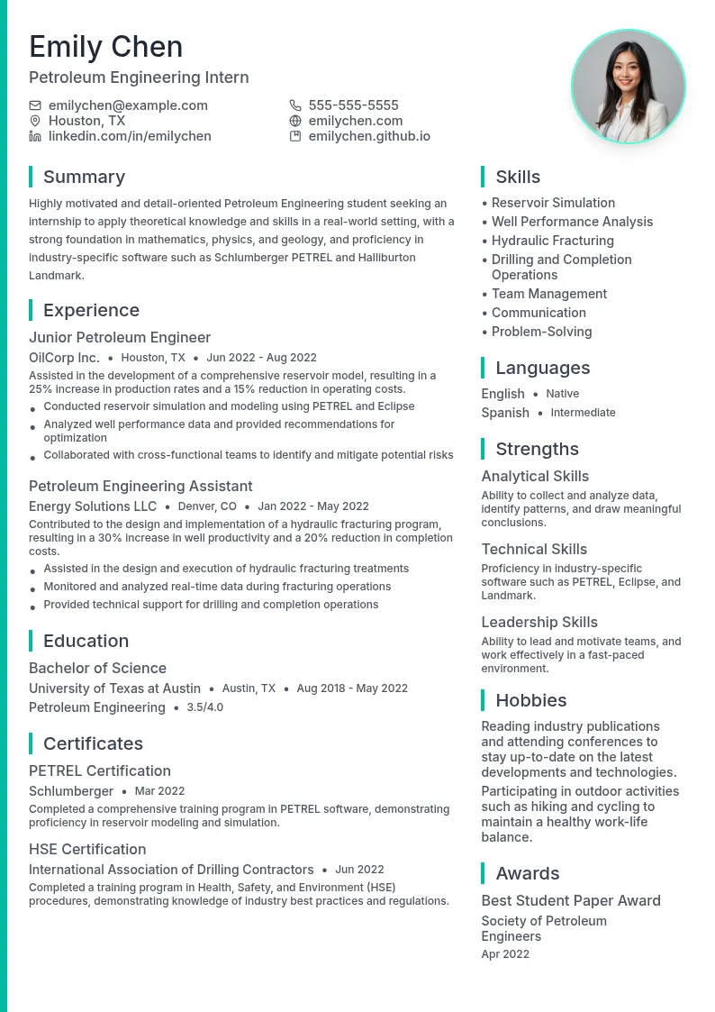 Petroleum Engineering Intern resume example