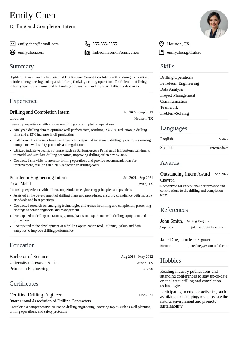 Drilling and Completion Intern resume example