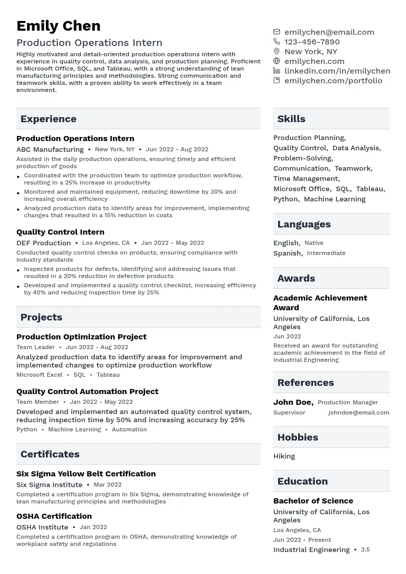 Production Operations Intern resume example