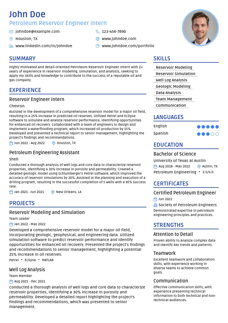 Petroleum Reservoir Engineer Intern resume example