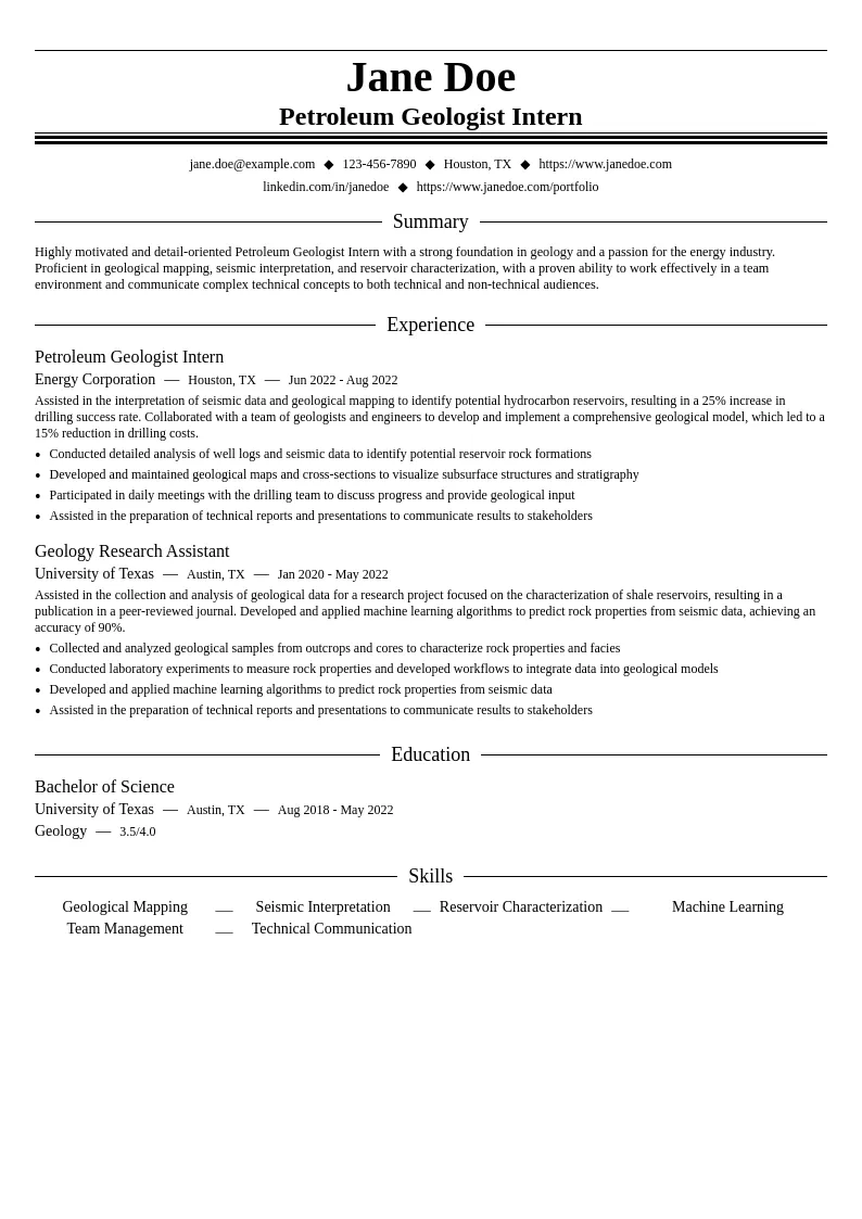 Petroleum Geologist Intern resume example