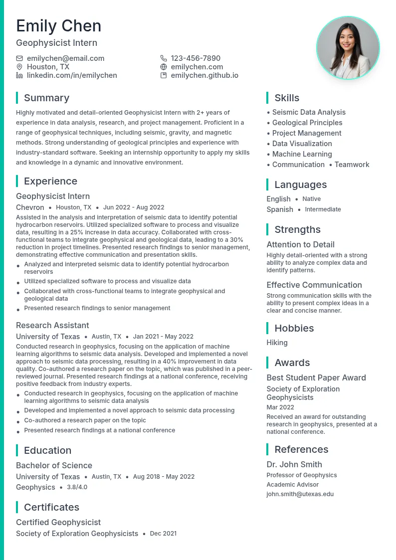 Geophysicist Intern resume example