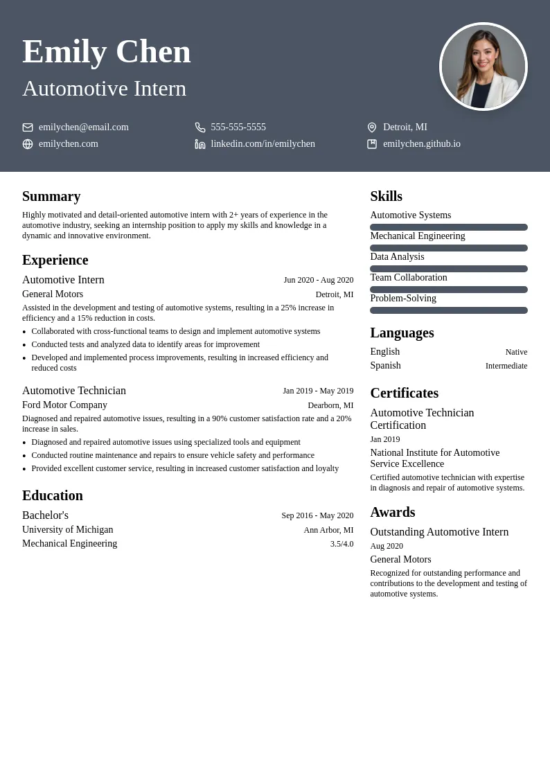 Automotive Intern resume example