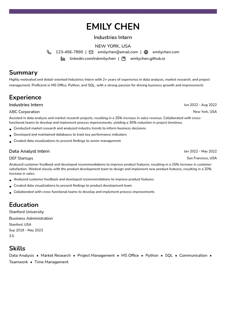 Industries Intern resume example