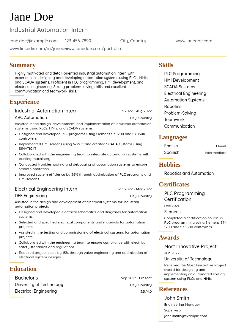 Industrial Automation Intern resume example