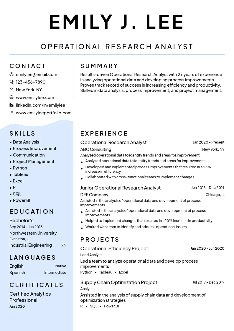 Operational Research Analyst resume example