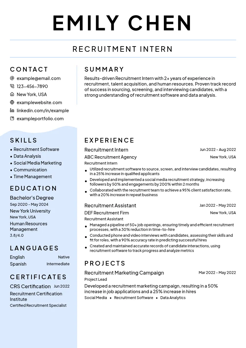 Recruitment Intern resume example