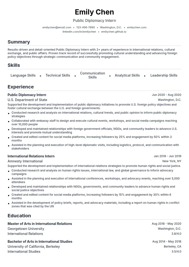 Public Diplomacy Intern resume example