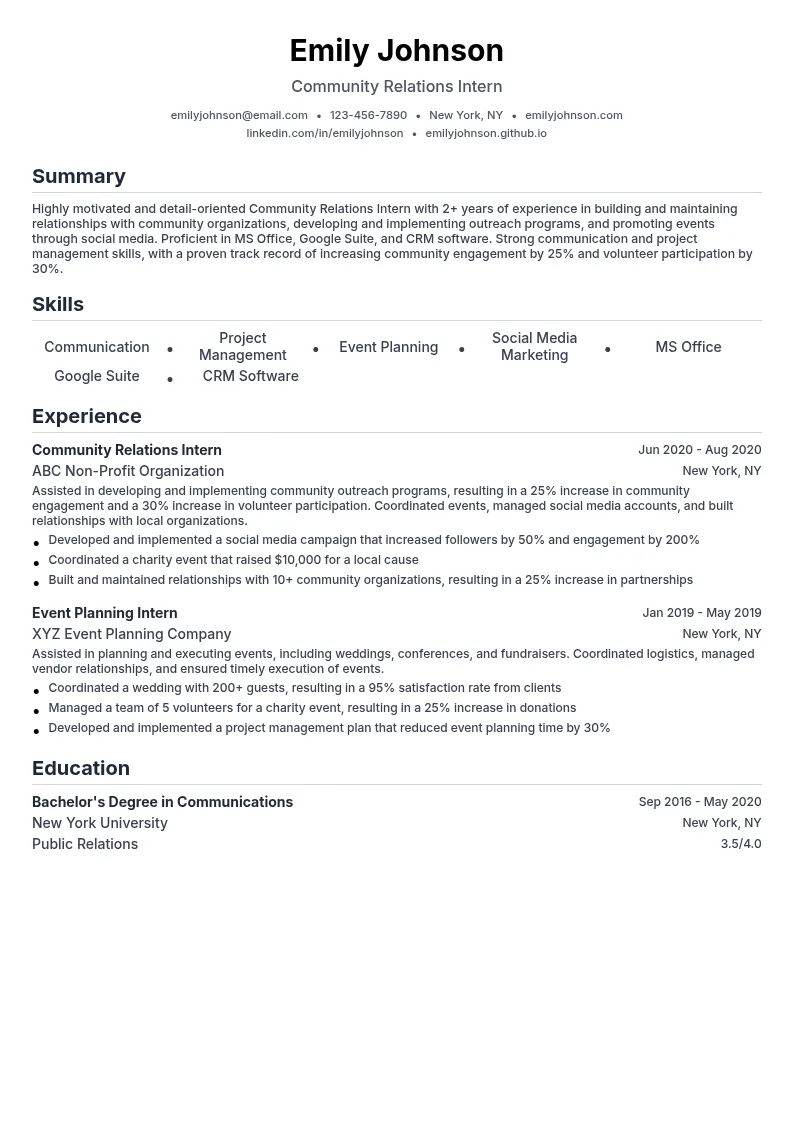 Community Relations Intern resume example