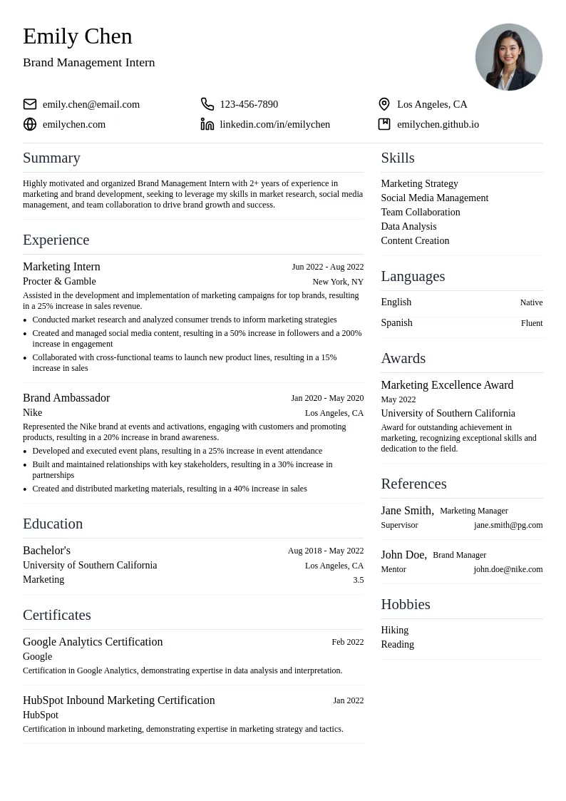 Brand Management Intern resume example