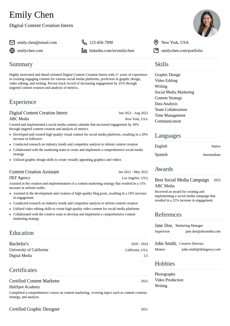 Digital Content Creation Intern resume example